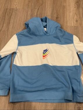 Nike Blue and White Hoodie with Rainbow Swoosh Stack Youth Large Hoodie